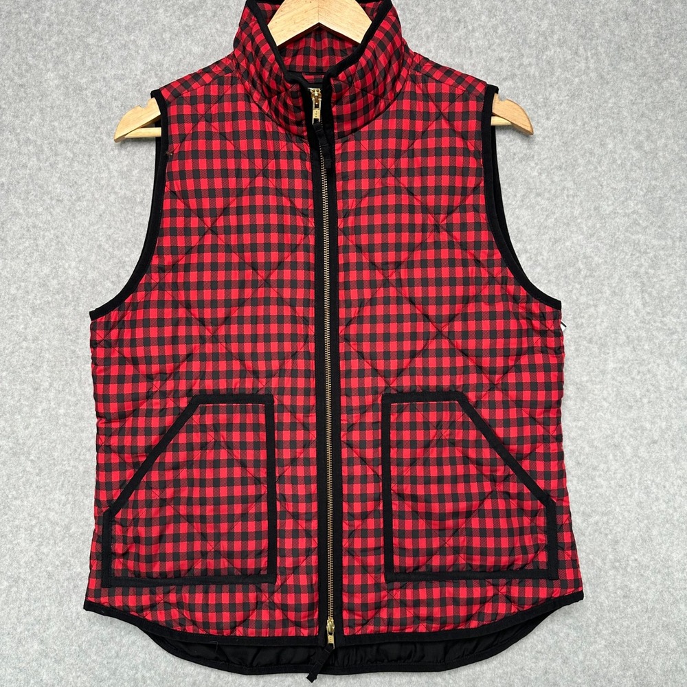 J. Crew Quilted Buffalo Plaid Vest Womens Medium Red Black Full Zip Puffer Down